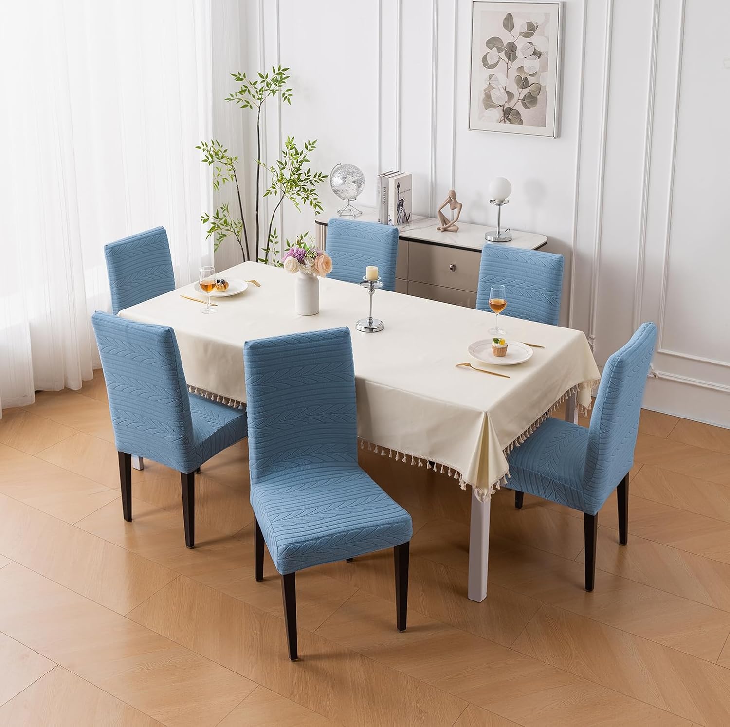 Flexible Stretch Dining Chair Cover 220 GSM Jacquard Fabric Universal Fit (Light Blue)