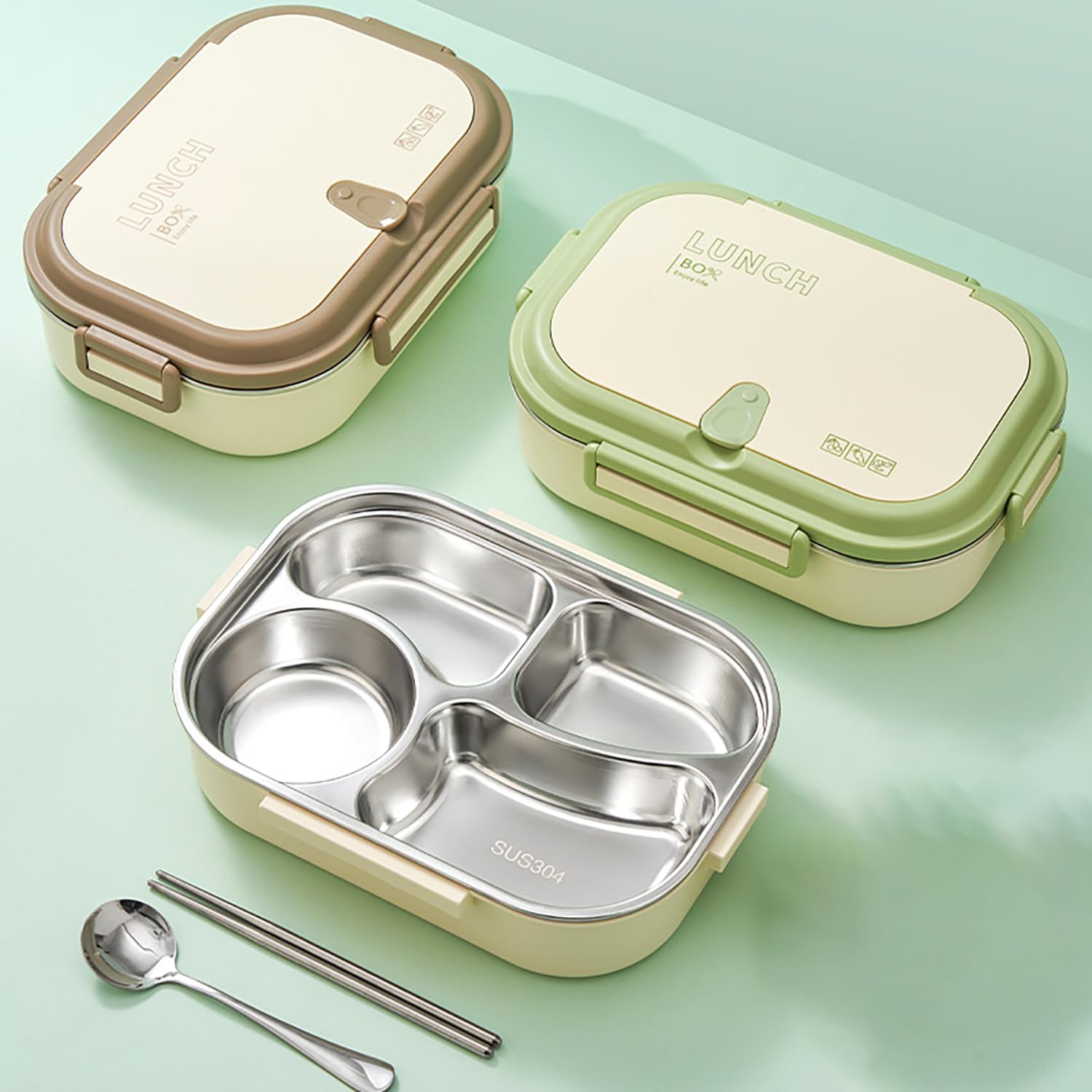 304 Stainless Steel Insulated Lunch Box with 4 Compartments (Beige)