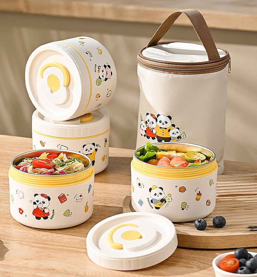 Panda Printed Lunch Box 1500ml | 304 Stainless Steel 3 Container Insulated Tiffin Box (Panda Beige)