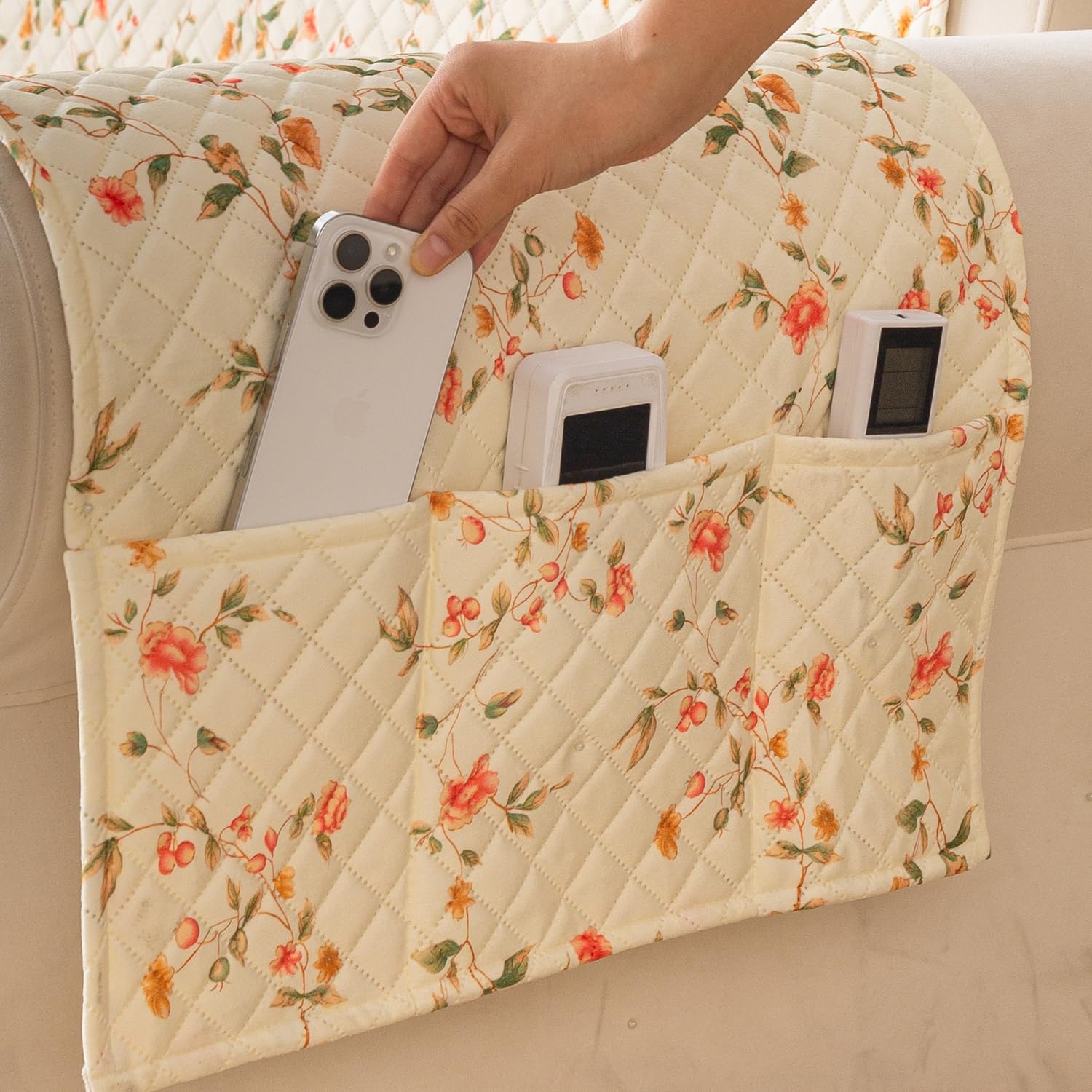Quilted Printed Sofa Cover for Indian Sofa Set – Washable (Beige Tulip)