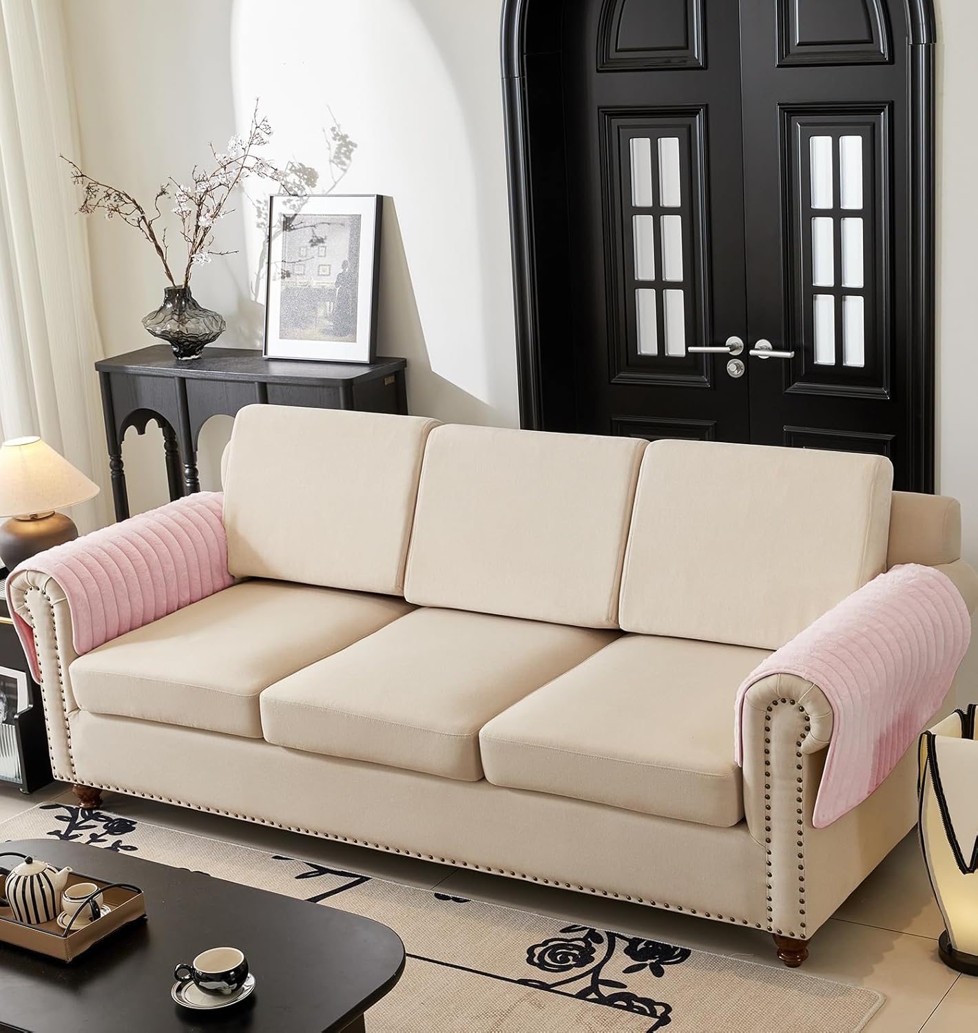 3D Striped Rabbit Plush Soft Sofa Mat Anti-Slip Fuzzy Plush- Pink