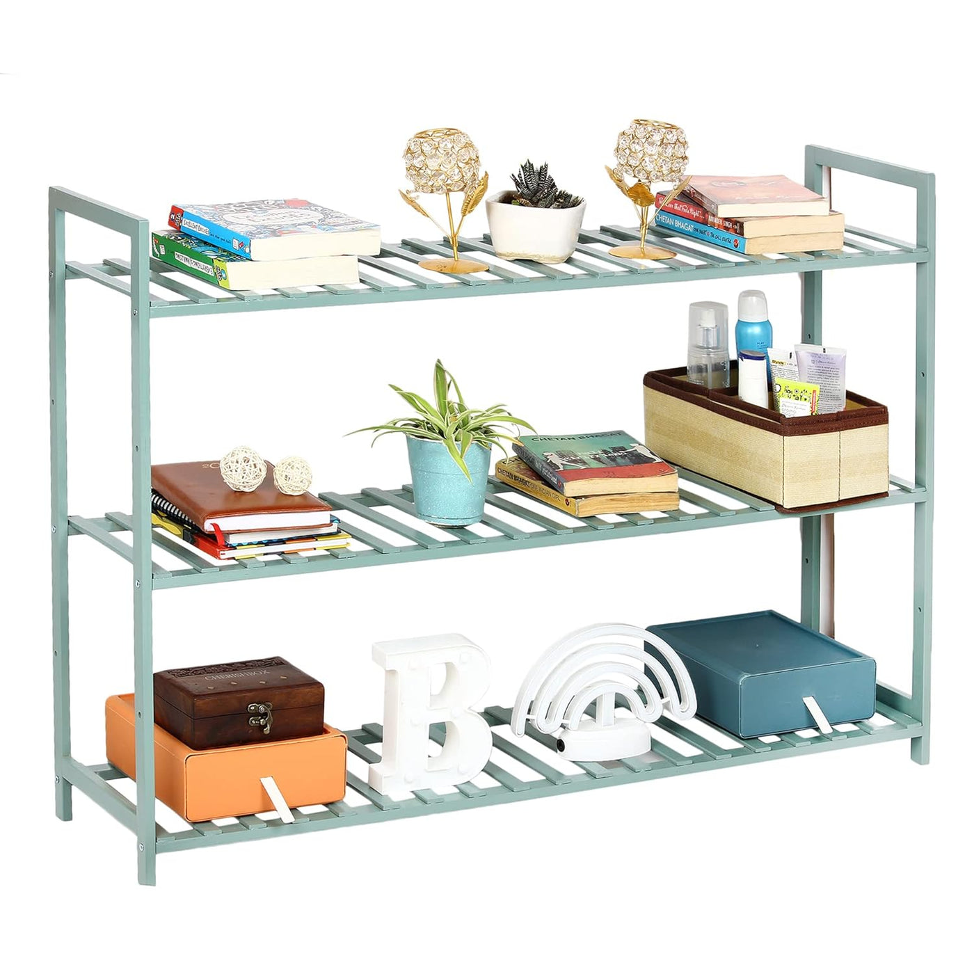 3 Tier Adjustable Bookshelf, Bamboo Bookcase Shelf Storage Organizer (Green, 98x24x70cm)
