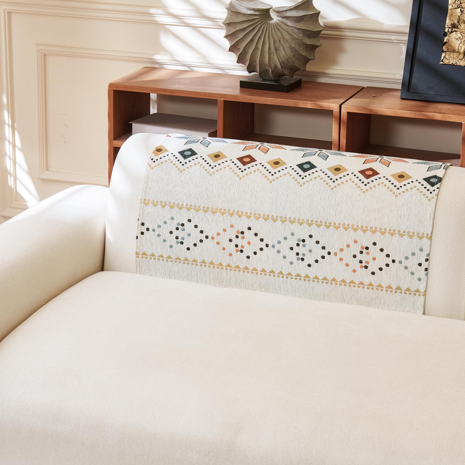 Rangoli Series Chenille Bohemia Couch Cover Quilted Non-Slip Washable Sofa Slipcover, Soft Furniture Protector (Cream)