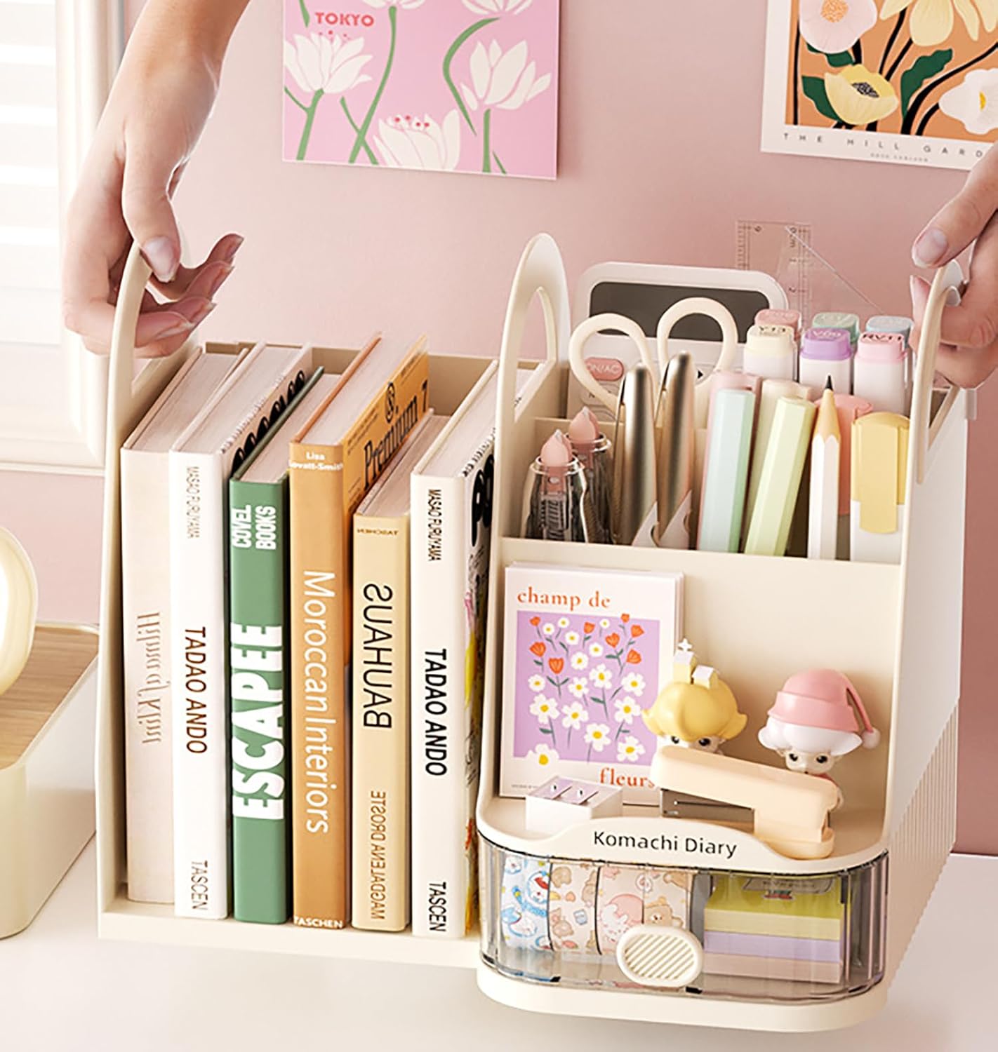 Modular Pen Holder & Desktop Bookshelf – Adjustable Left & Right Plastic Organizer (Cream)