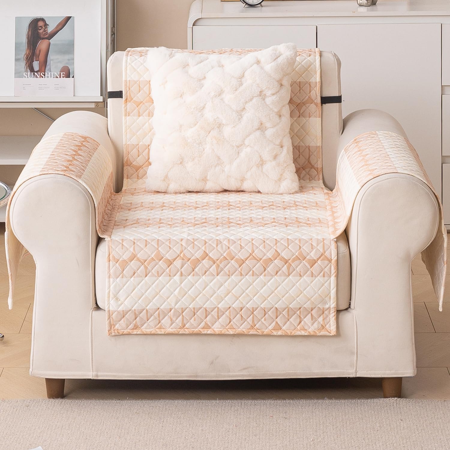 Quilted Printed Sofa Cover for Indian Sofa Set – Washable, Durable & Soft (Beige Loop)