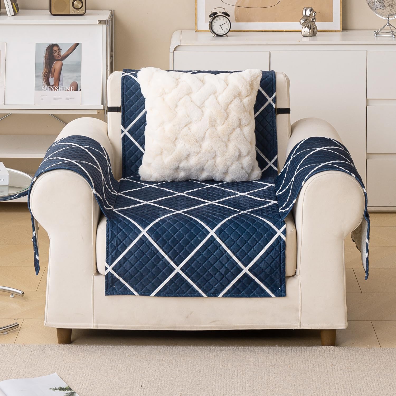 Quilted Printed Sofa Cover for Indian Sofa Set – Washable (Blue Diamond)