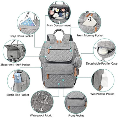Baby Diaper Bag Maternity Backpack Quilted- Dark Grey