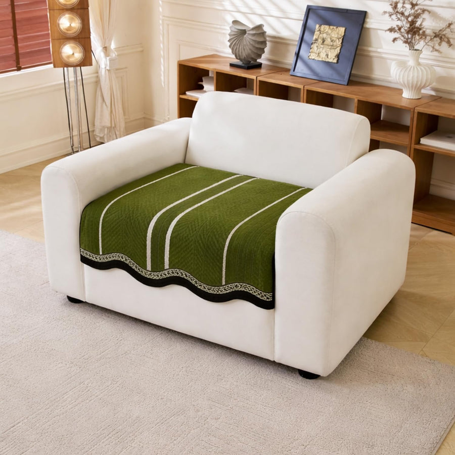 Loom Stripe Series Chenille Couch Cover Curved Edge Quilted Non-Slip Slipcover (Green)