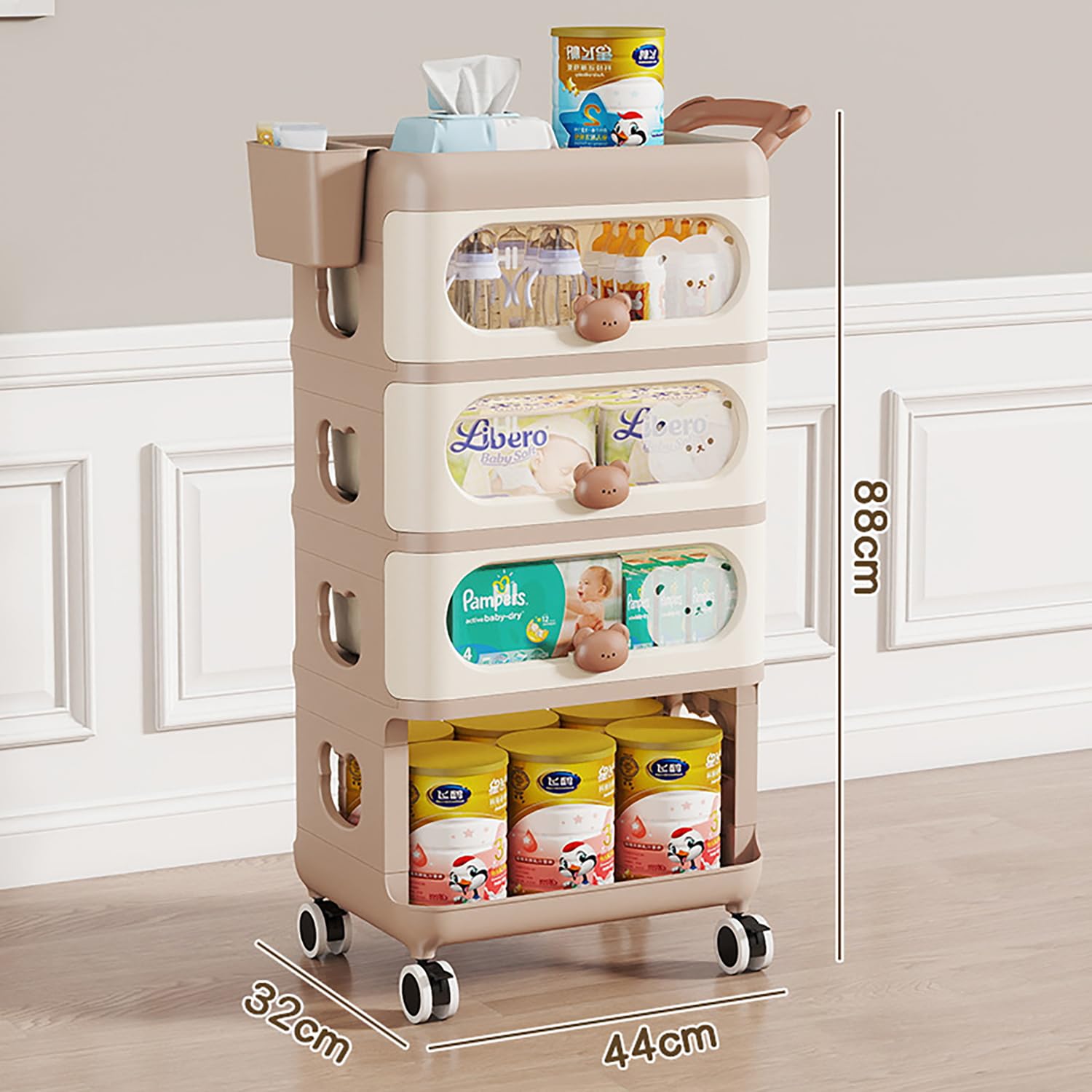 4-Tier Baby Dresser Storage Trolley Plastic Rolling Cart with Drawers