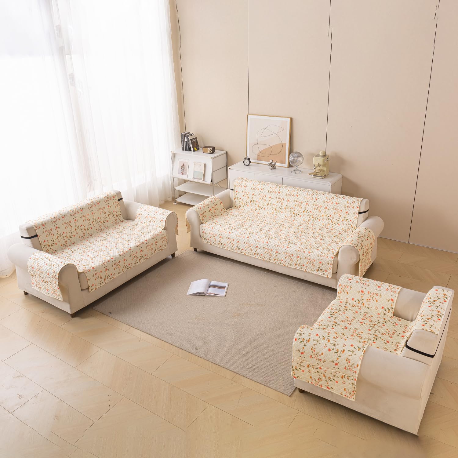 Quilted Printed Sofa Cover for Indian Sofa Set – Washable (Beige Tulip)