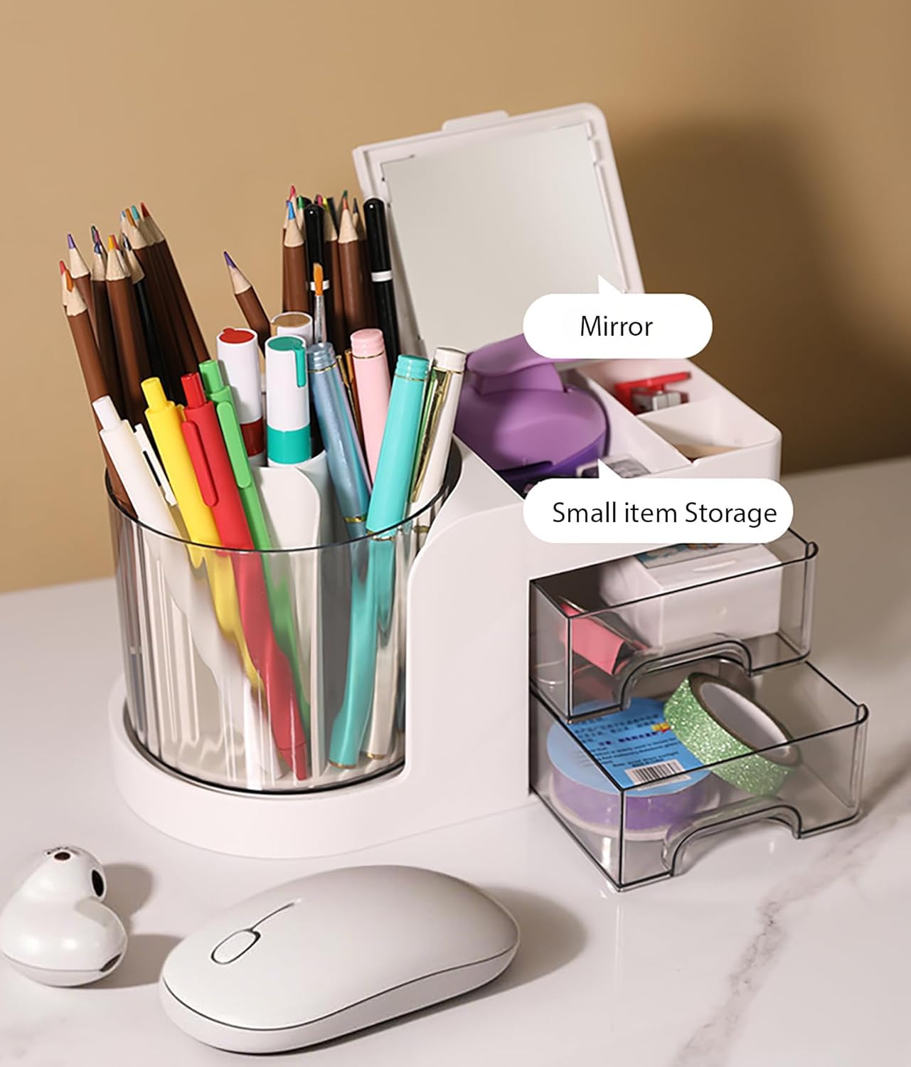 360° Rotating Desk Organizer with Mirror, 2 Drawers & 7 Slots