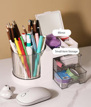 360° Rotating Desk Organizer with Mirror, 2 Drawers & 7 Slots