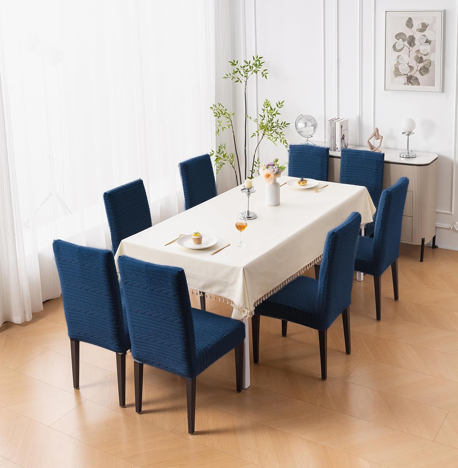 Flexible Stretch Dining Chair Cover 220 GSM Jacquard Fabric, Universal Fit (Navy)