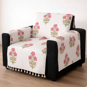 IKATRA Series Quilted Printed Sofa Cover for Indian Sofa Set with Side Pocket (Ivory Phool)