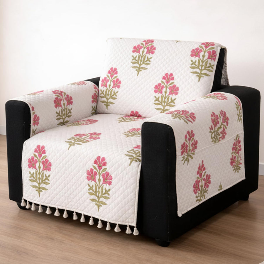 IKATRA Series Quilted Printed Sofa Cover for Indian Sofa Set with Side Pocket (Ivory Phool)