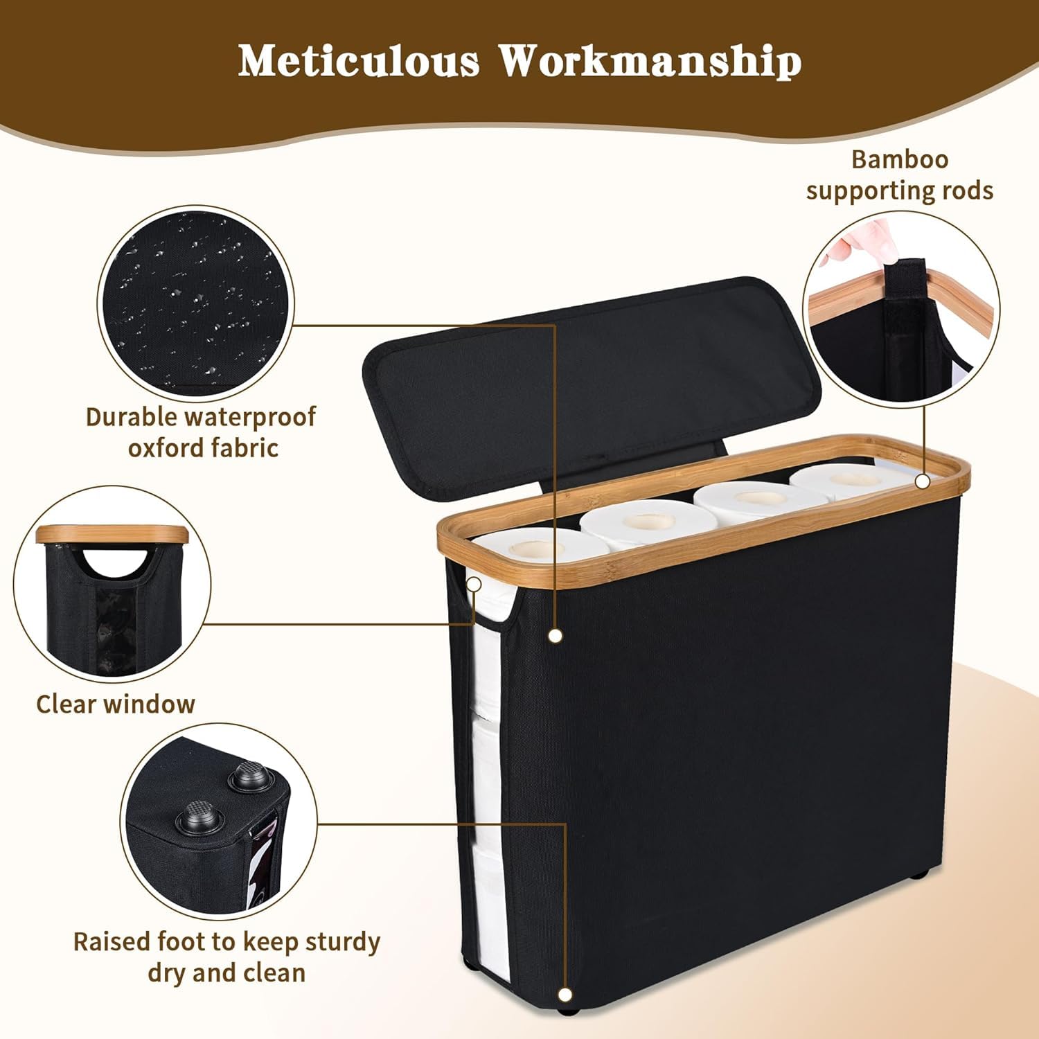 Toilet Paper Storage Basket with Lid Free-Standing Bathroom Organizer (Black)