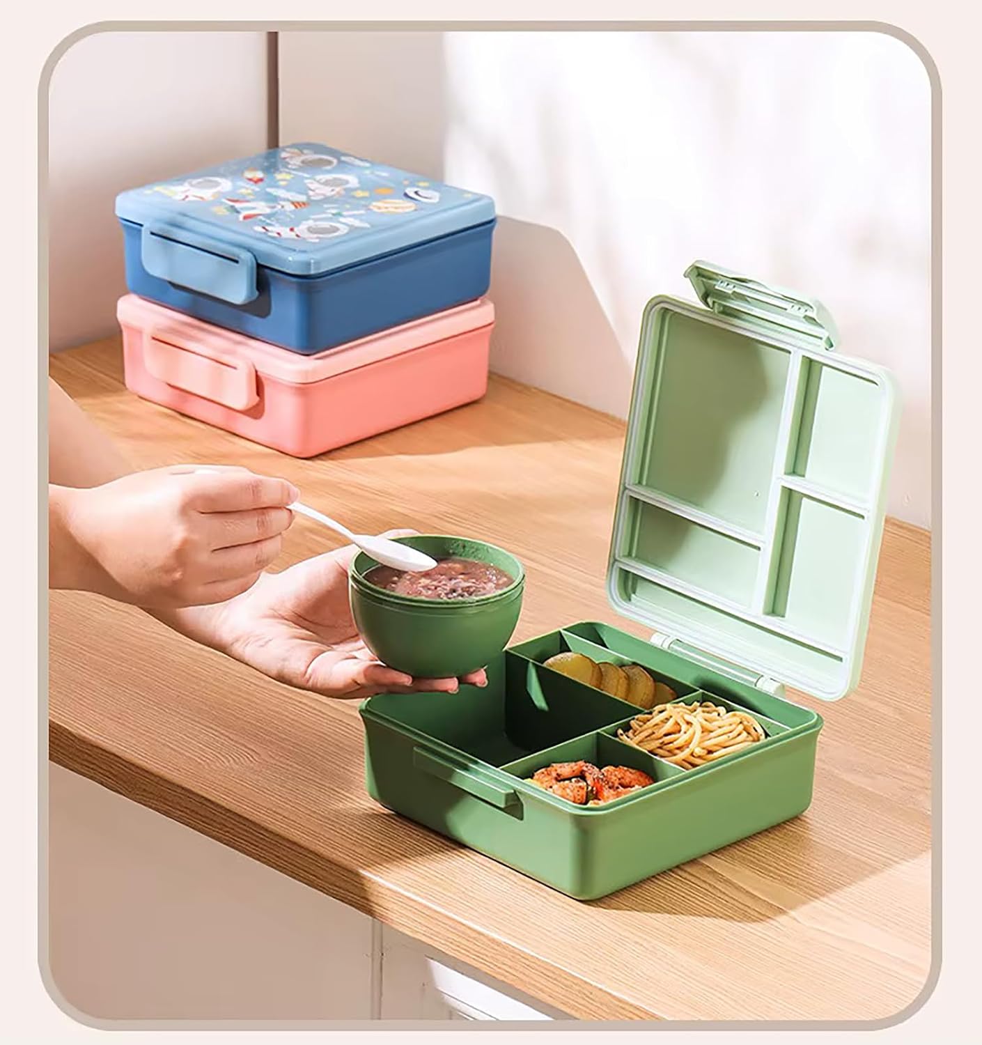 Dinosaur Print Bento Lunch Box, 1800ml with 300ml Removable Bowl