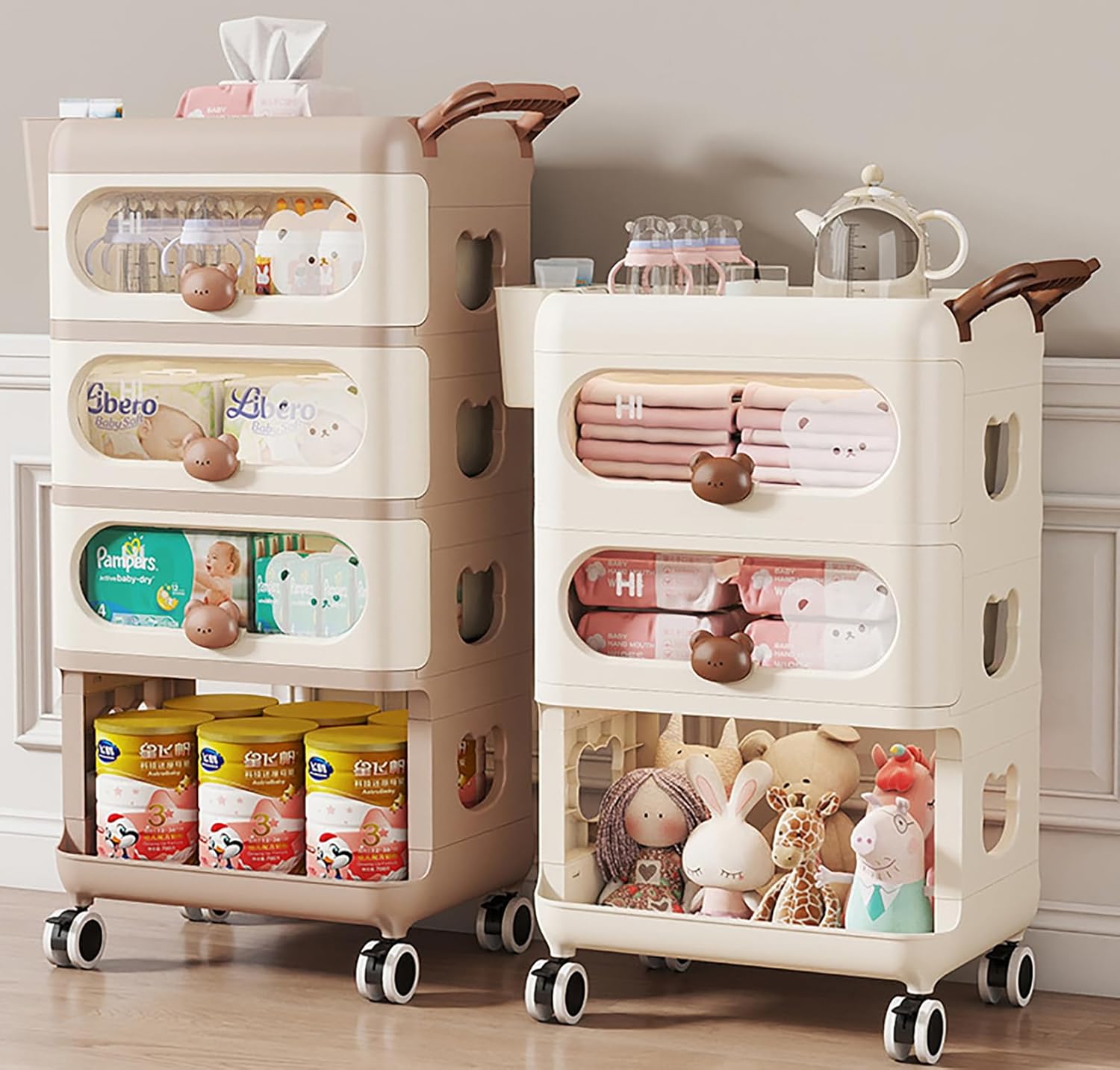 4-Tier Baby Dresser Storage Trolley Plastic Rolling Cart with Drawers