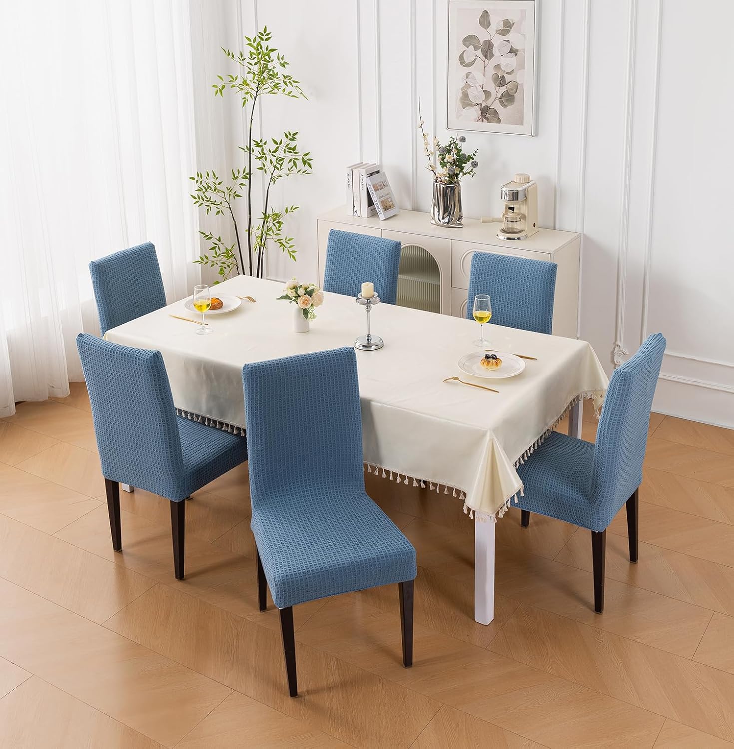 Decorative Dining Chair Cover – 220 GSM Stretch Jacquard Fabric (Light Blue)