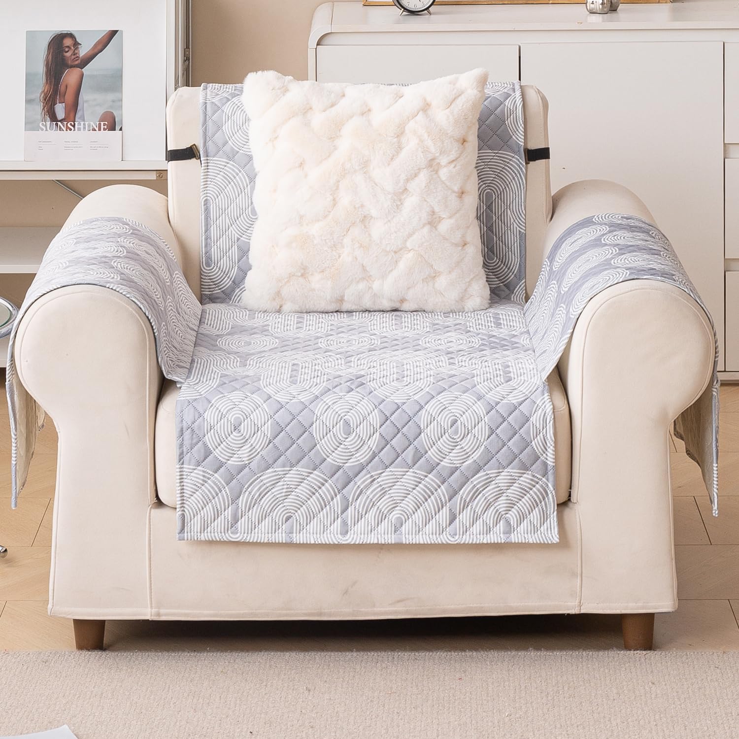Quilted Printed Sofa Cover for Indian Sofa Set – Washable (Grey Loop)