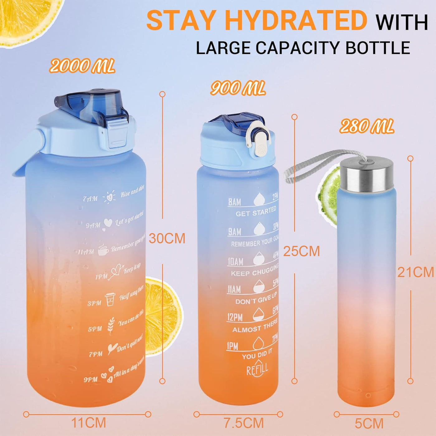 Set of 3 Water Bottle with Straw 2 Litre+900ml+280ml (Blue/Orange)