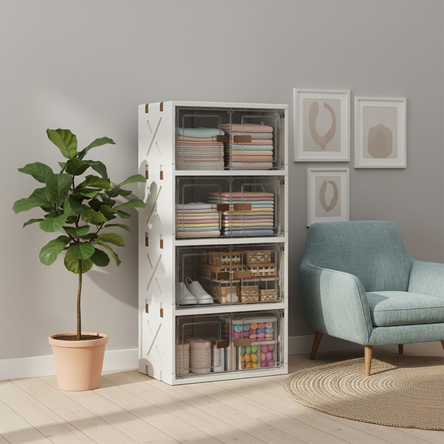 Foldable Flip-Top Plastic Storage Box with Dual Doors – 40cm (Transparent/Cream)