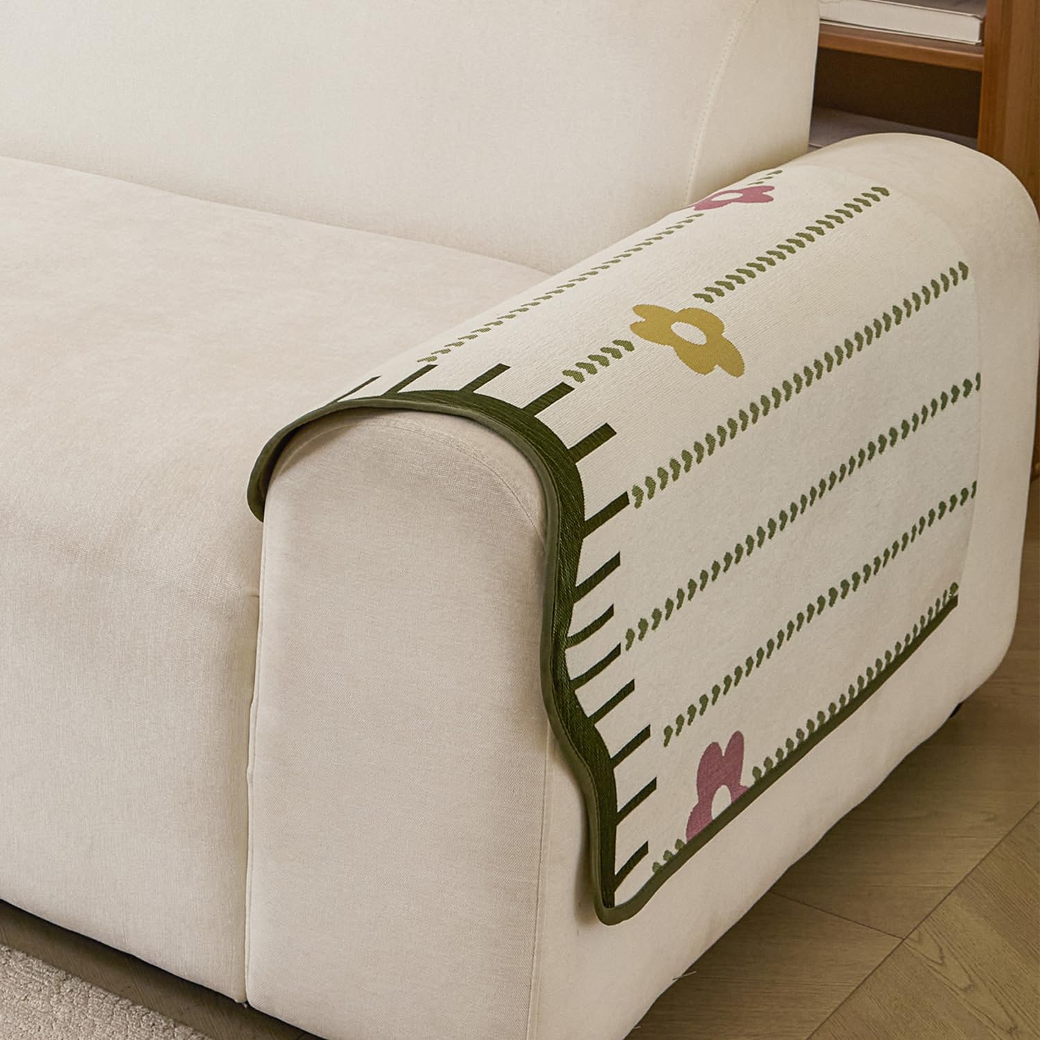 Loom Stripe Series Chenille Couch Cover Curved Edge Quilted Sofa Slipcover (Beige)