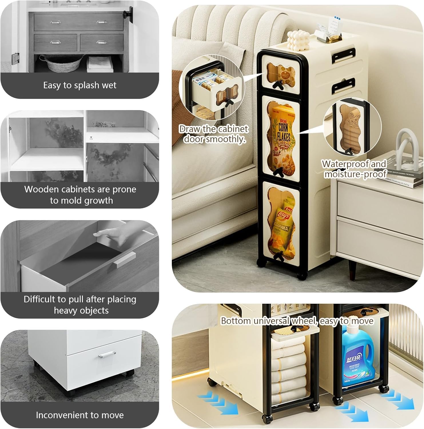 3-Layer Slim Rolling Storage Cabinet – Plastic Organizer (Cream/Black)