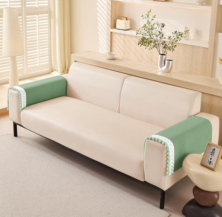 Chenille Fabric with Ball Tassels Sofa Cover Set – 3 Pcs Set (2pc Armrest Covers 50x70cm + 1pc Seat Cover) Green
