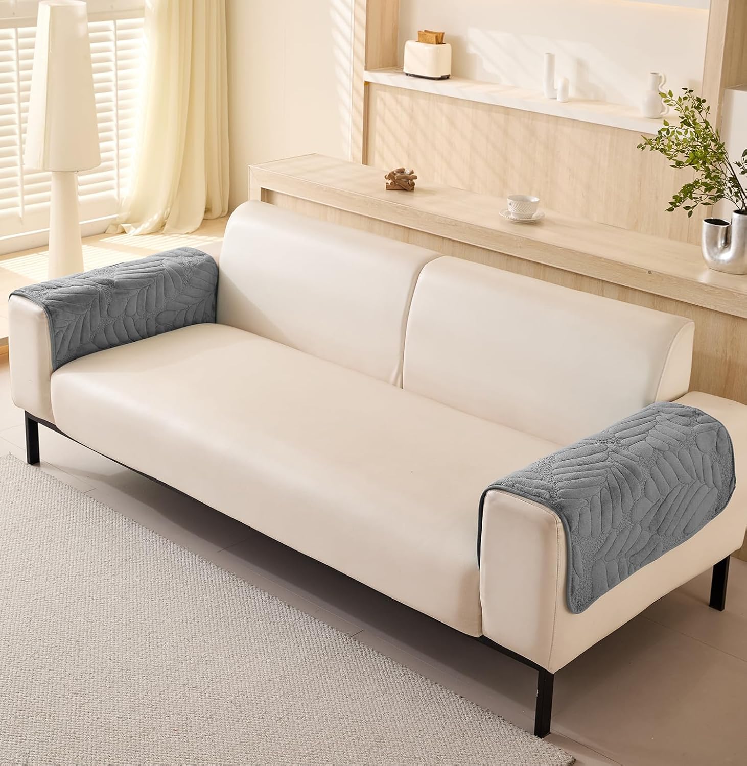 Sofa Cover Mat Leaf Coral Fleece Chenille Fabric Seater Sofa (Charcoal)