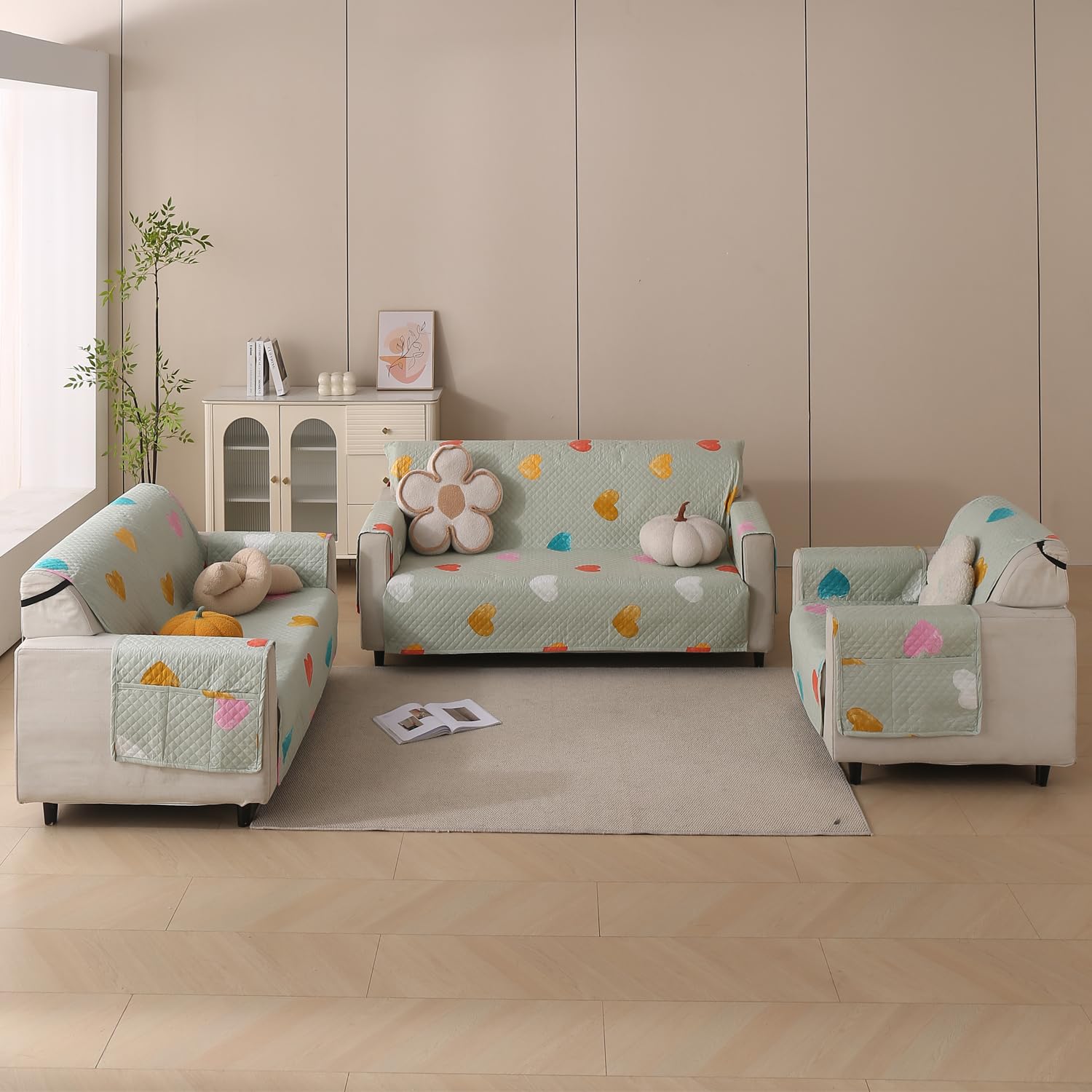 Polyester Sofa Cover Mat Reversible Couch Protector-Minty Hearts
