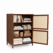 Wooden Cane Storage Cabinet with Rattan Doors - Brown