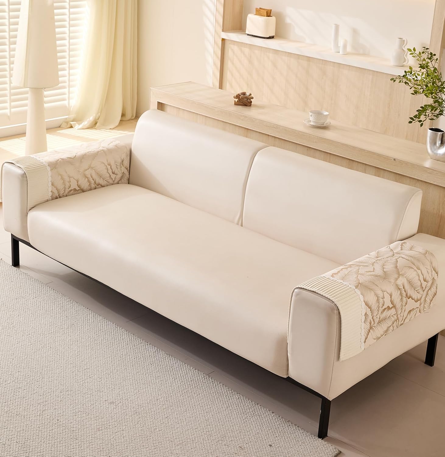 Leaf Pattern Chenille Fabric Sofa Cover Set – 3-Piece (2 Armrest Covers 50x70cm + 1 Seat Cover) Beige