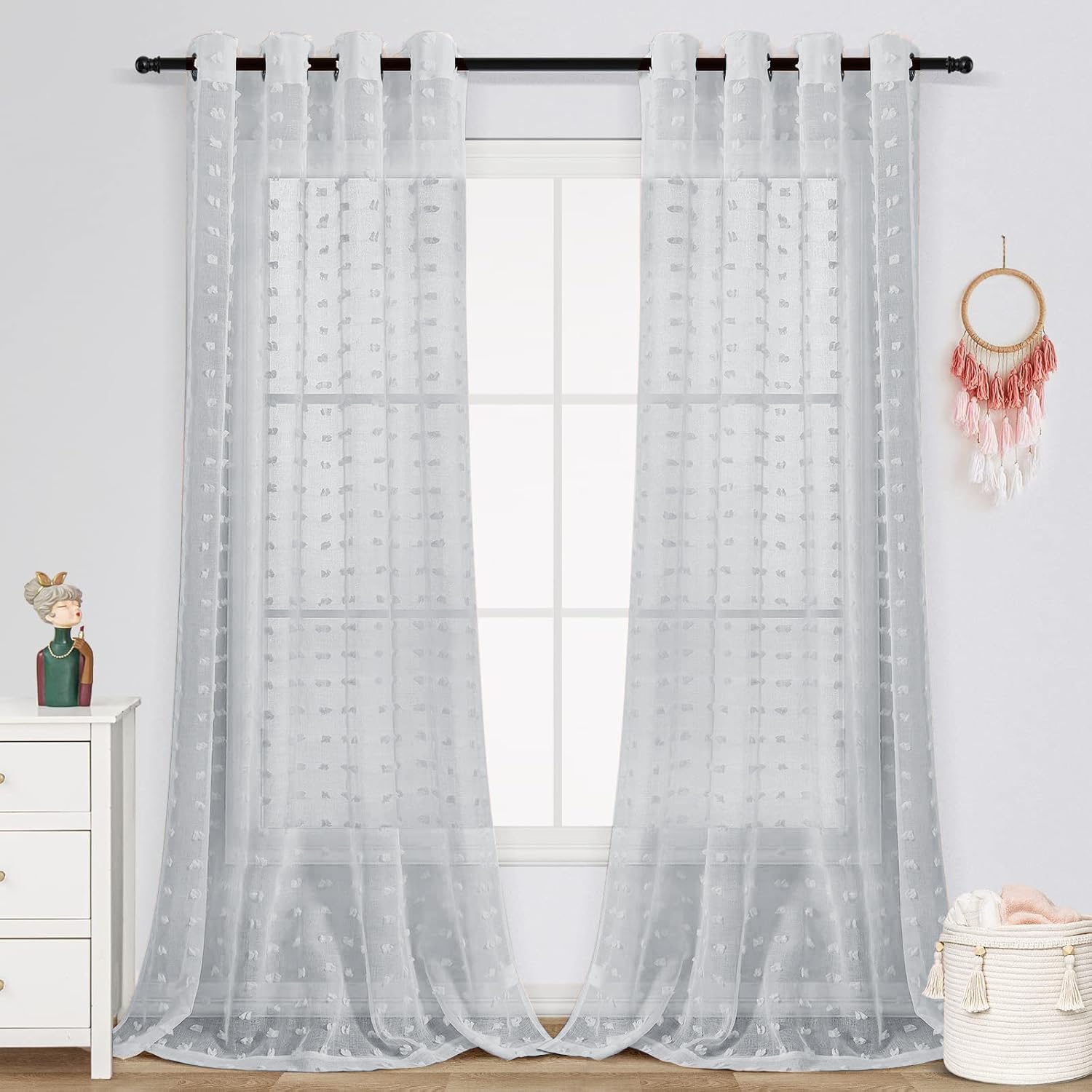 Pom Pom Grommet Sheer Curtains 8 Feet 2 Panels 96 Inch (Pack of 2)