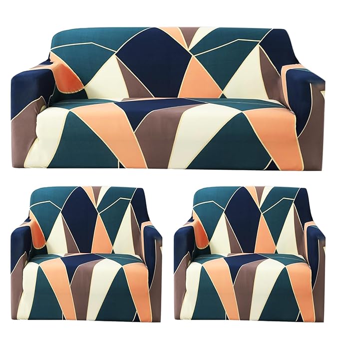Universal 3 Piece Sofa Covers (3+1+1 Seater, Green/Peach Prism)