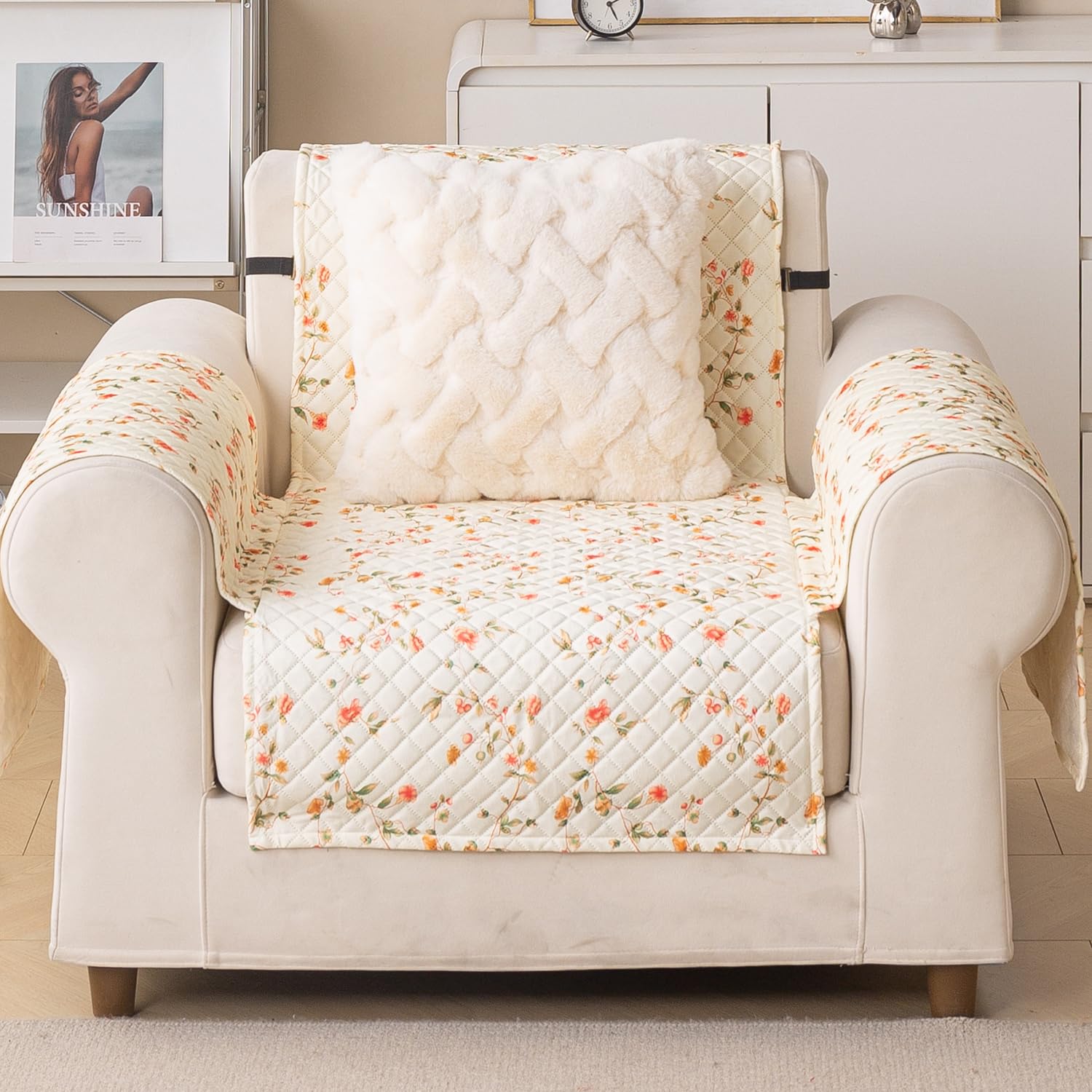 Quilted Printed Sofa Cover for Indian Sofa Set – Washable (Beige Tulip)