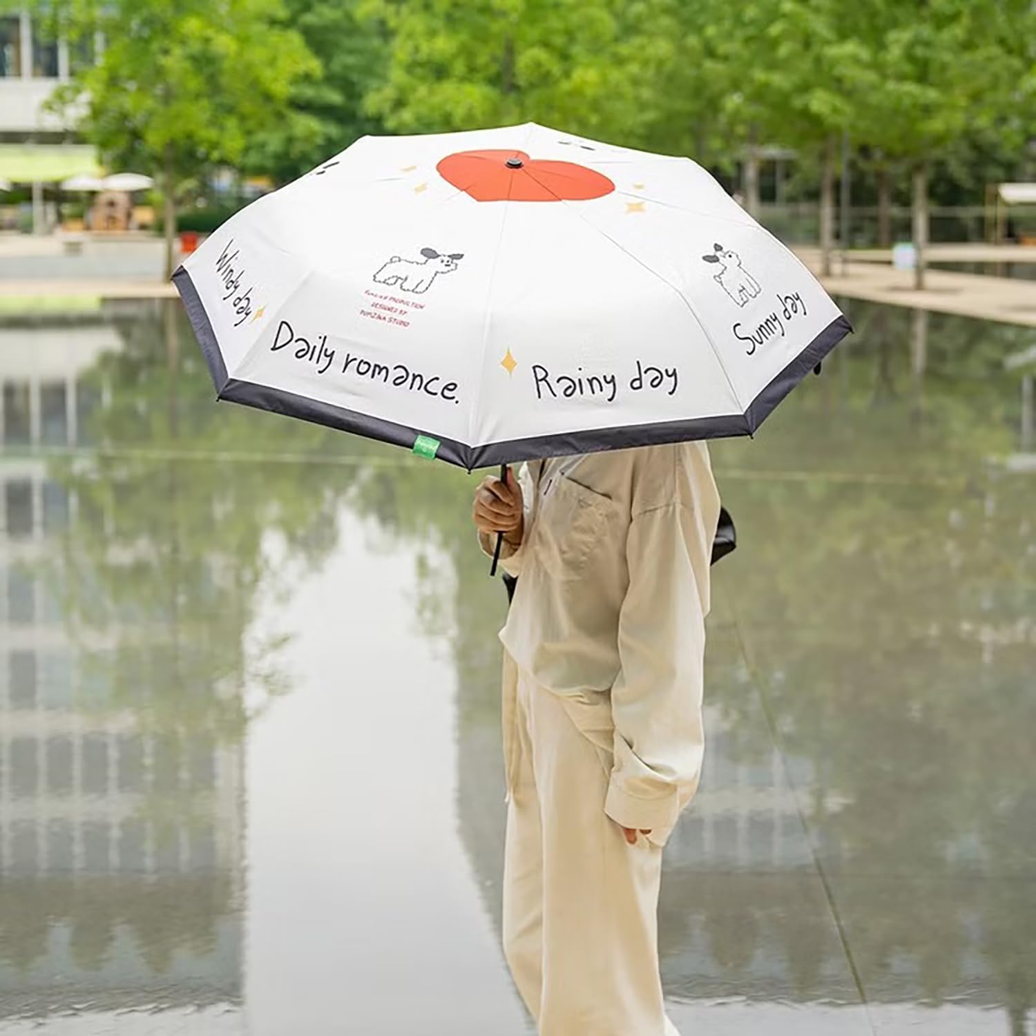 3-Fold Travel Umbrella - Auto Open/Close (White Centre Heart)