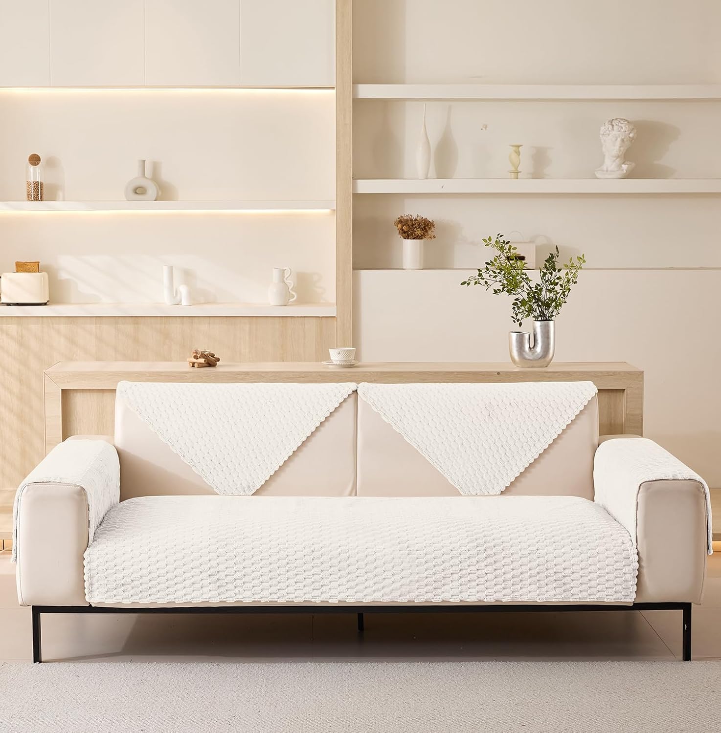 Sofa Cover Mat Honeycomb Pattern Velvet Fabric Seater Sofa (Cream)