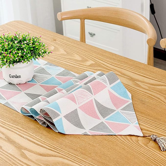 Table Runner,Ethnic Indian Style (1 Runner 30x160cm, 6 Placemat Pink/White)