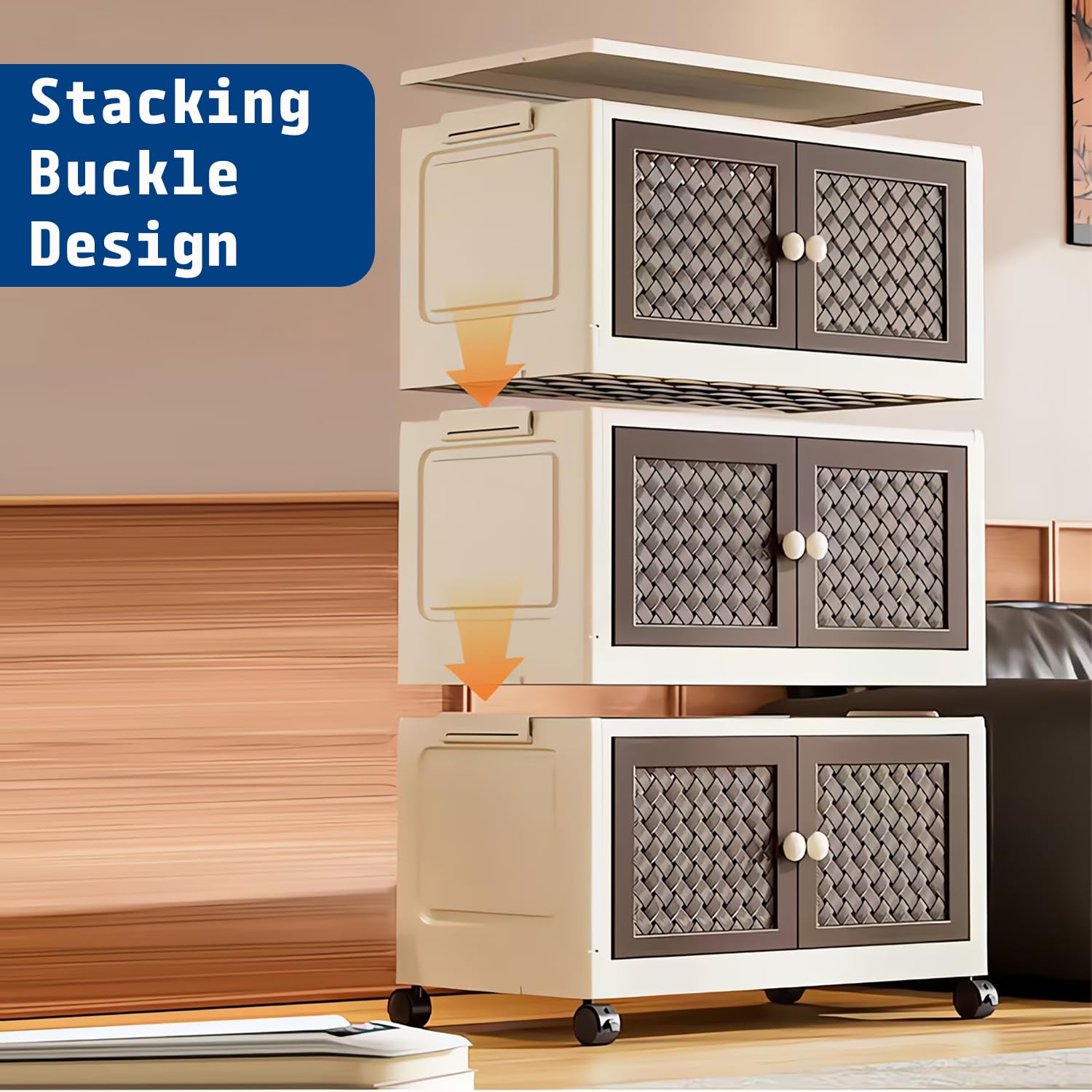 Rattan Design Foldable Storage Box with Wheels (Cream/Brown)