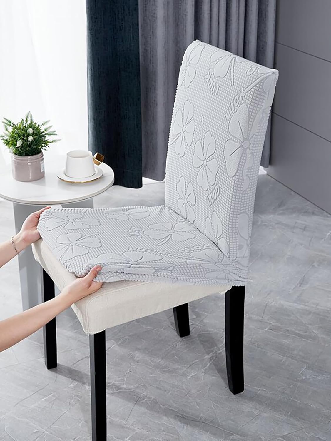 Elastic Jacquard Chair Cover (Flower Light Grey)