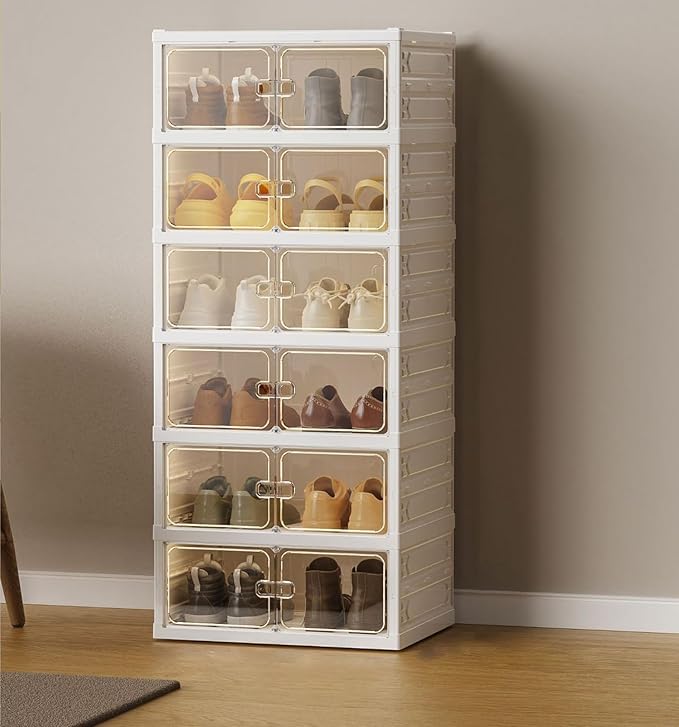 6 Layer Plastic Storage Bins with Lids - Shoe Storage box (Cream)