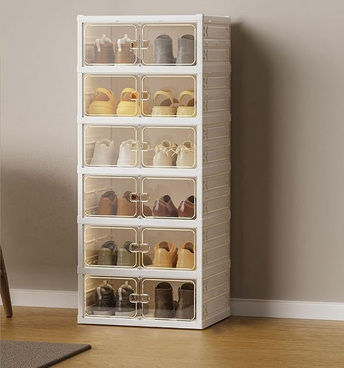 6 Layer Plastic Storage Bins with Lids - Shoe Storage box (Cream)