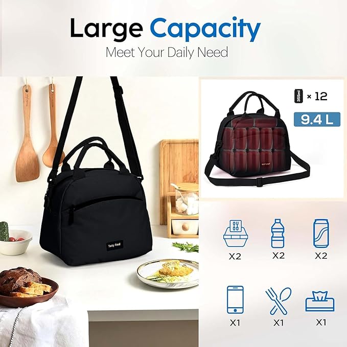 Insulated Lunch Bag for Women, Reusable Tote with Shoulder Strap