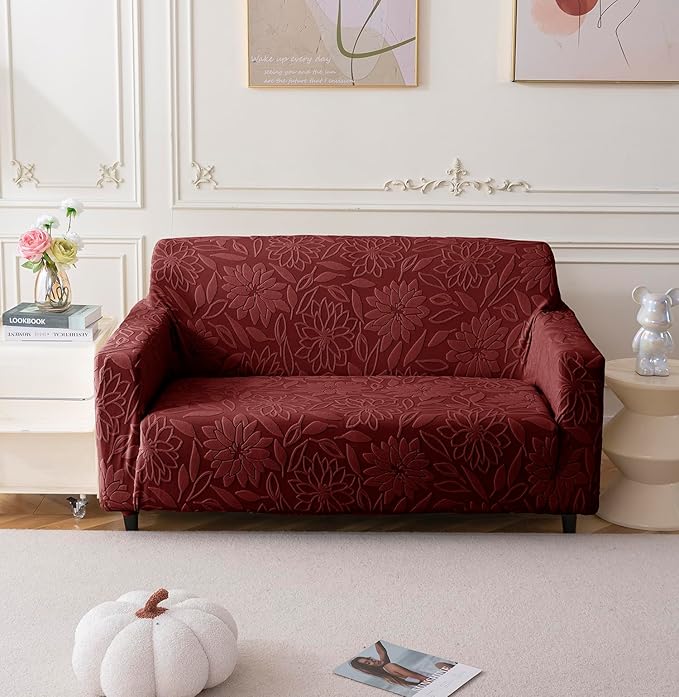 Universal Jacquard Waterproof Camellia Fabric Sofa Cover (Maroon)
