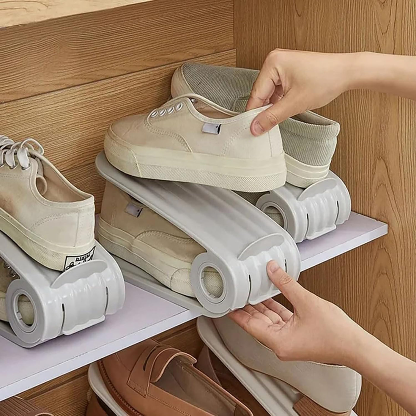 Shoe Slots Organiser Double Deck Shoe Holder-Grey