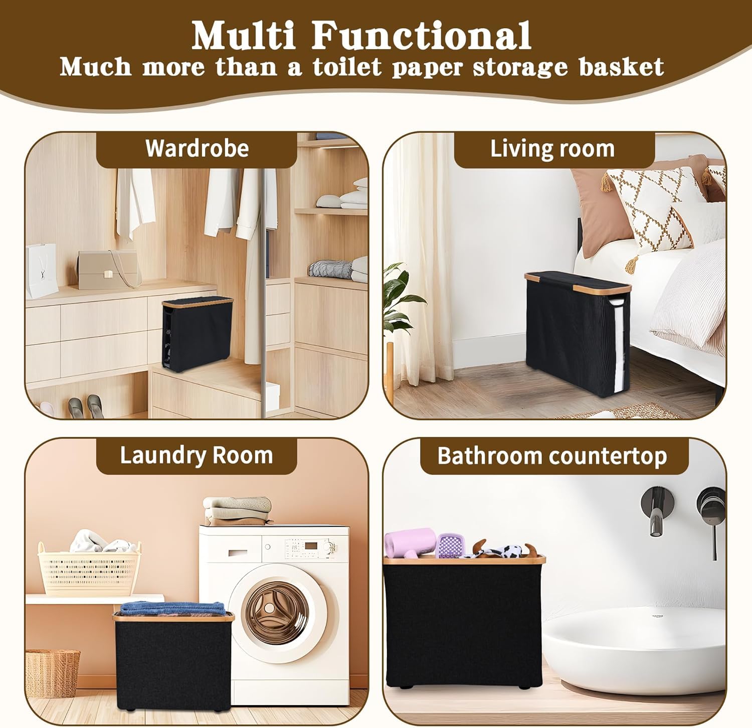 Toilet Paper Storage Basket with Lid Free-Standing Bathroom Organizer (Black)