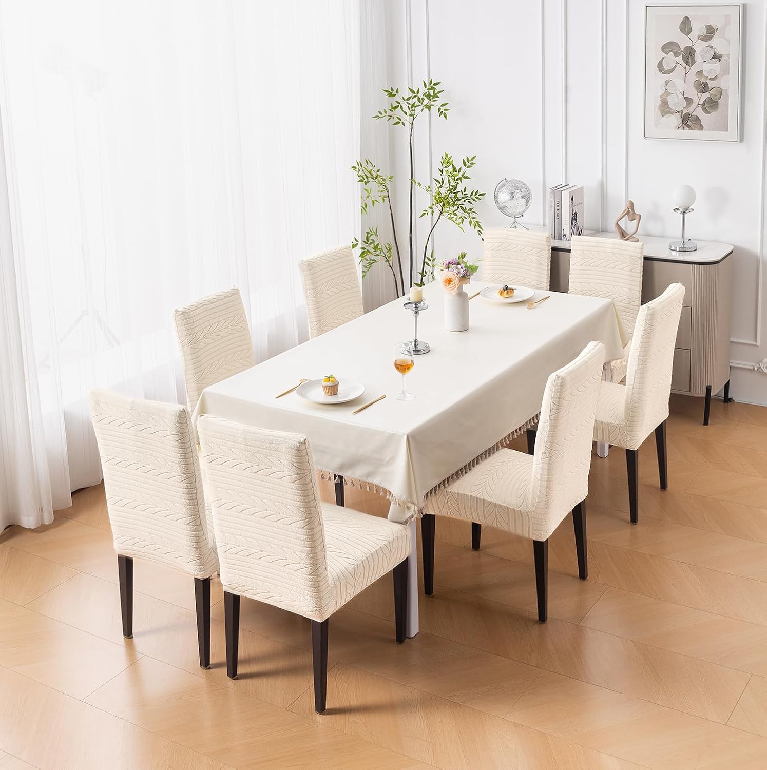 Flexible Stretch Dining Chair Cover – 220 GSM Jacquard Fabric Universal Fit (Beige)