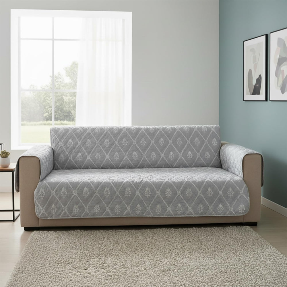 Mughal Series Anti-Slip Sofa Cover Mat with Pocket – Polyester Couch Protector(Grey Canvas)
