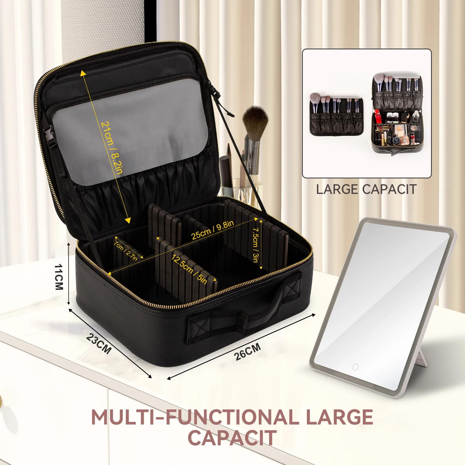 Makeup Bag with Lighted Mirror, Case Setting Adjustable Dividers